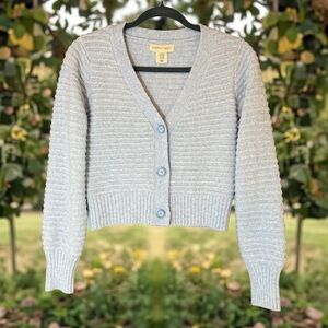 Happily Grey Cropped Cardigan Sweater Soft Heathered Blue Size XS Ribbed Knit
